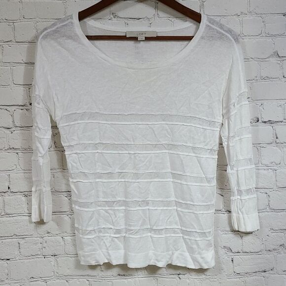 LOFT White Linen Blouse Peakaboo Sheer Mesh Stripe Soft Knit 3/4 Sleeve Top Flaw - Picture 9 of 9